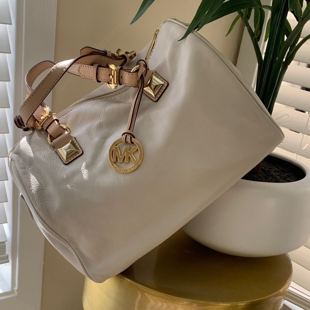 Michael Kors Beige Leather Satchel with Gold Accents